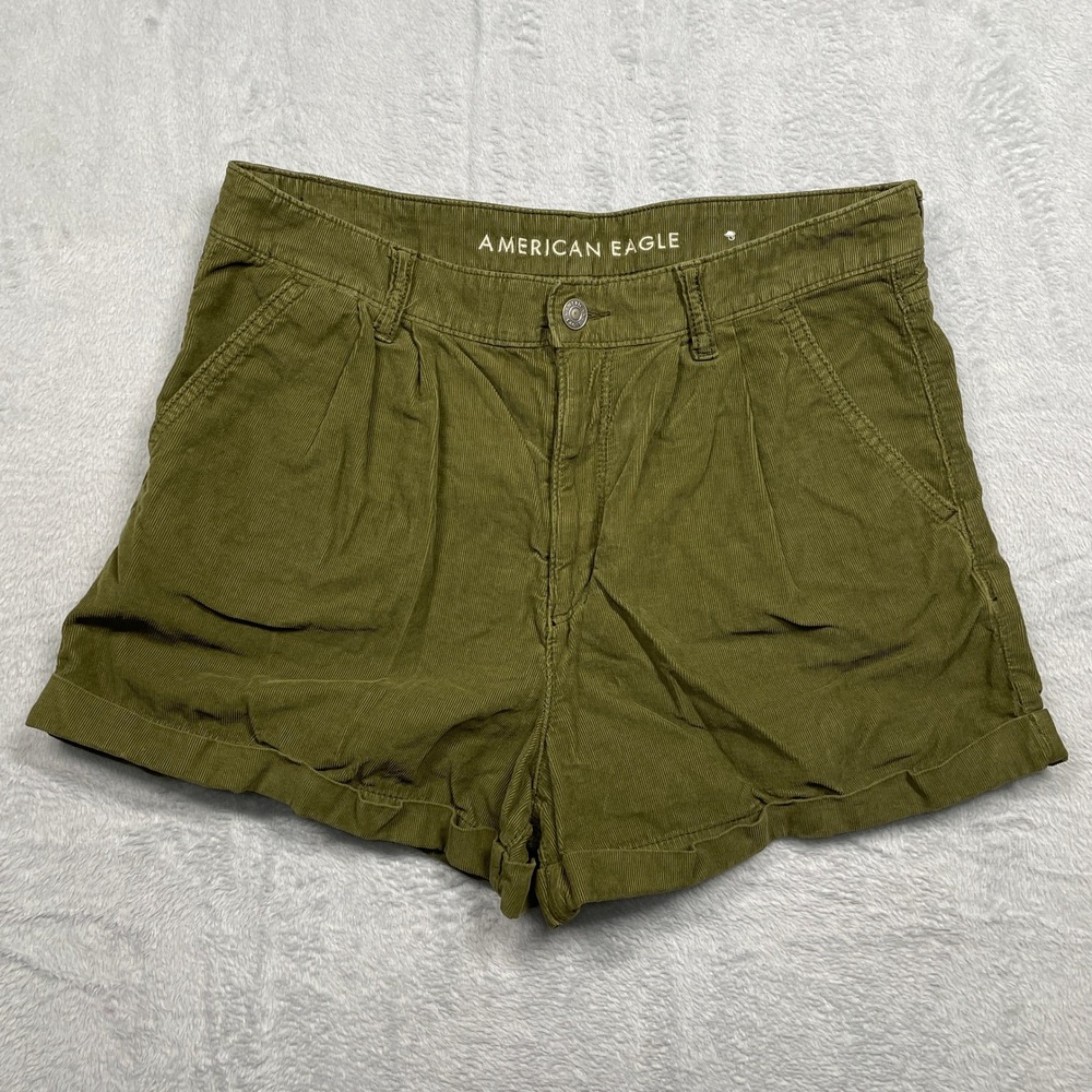 American Eagle Mom Short Women 10 Olive Green Corduroy High Waisted Pleated